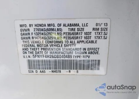 2013 Honda Pilot Lx z USA, uszkodzony, nr VIN 5FNYF4H26DB040489